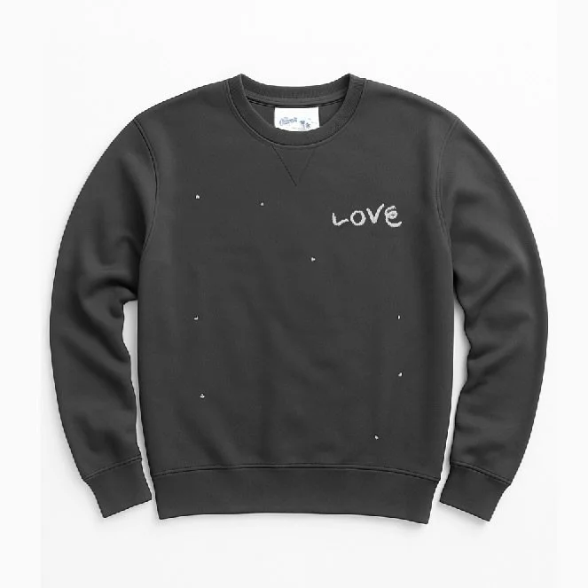Our cozy French Loop Terry Raglan, in a vintage black wash, with paint splatters and embroidered LOVE

Available now in shop and online at link in bio