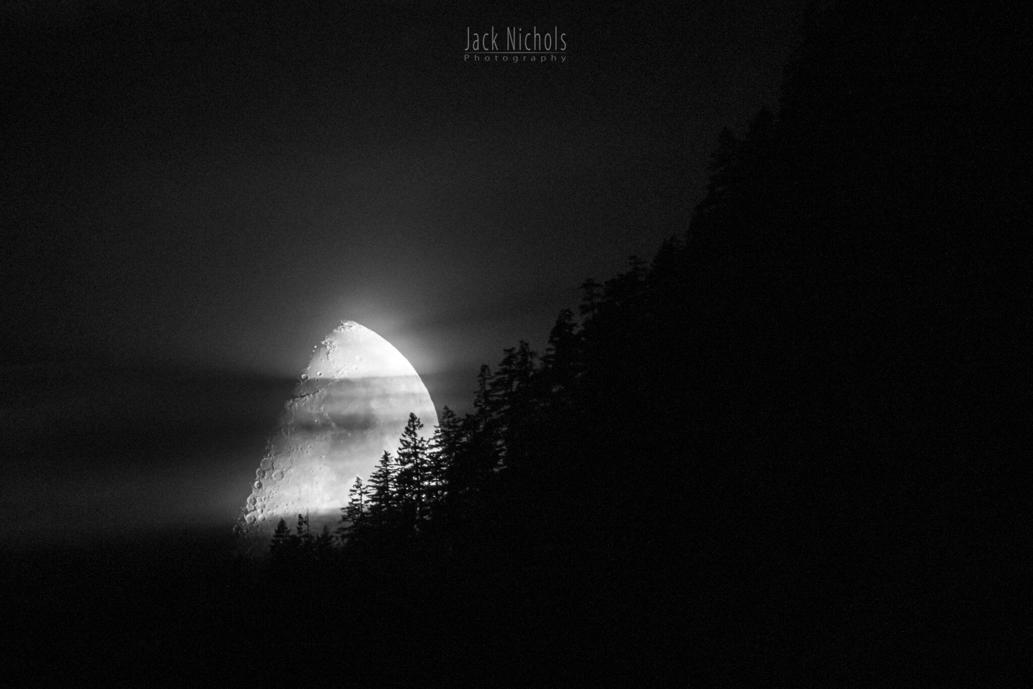 Campbell River, Buttle Lake - Moon setting over distant mountain with trees in silhouette-20190907.jpg