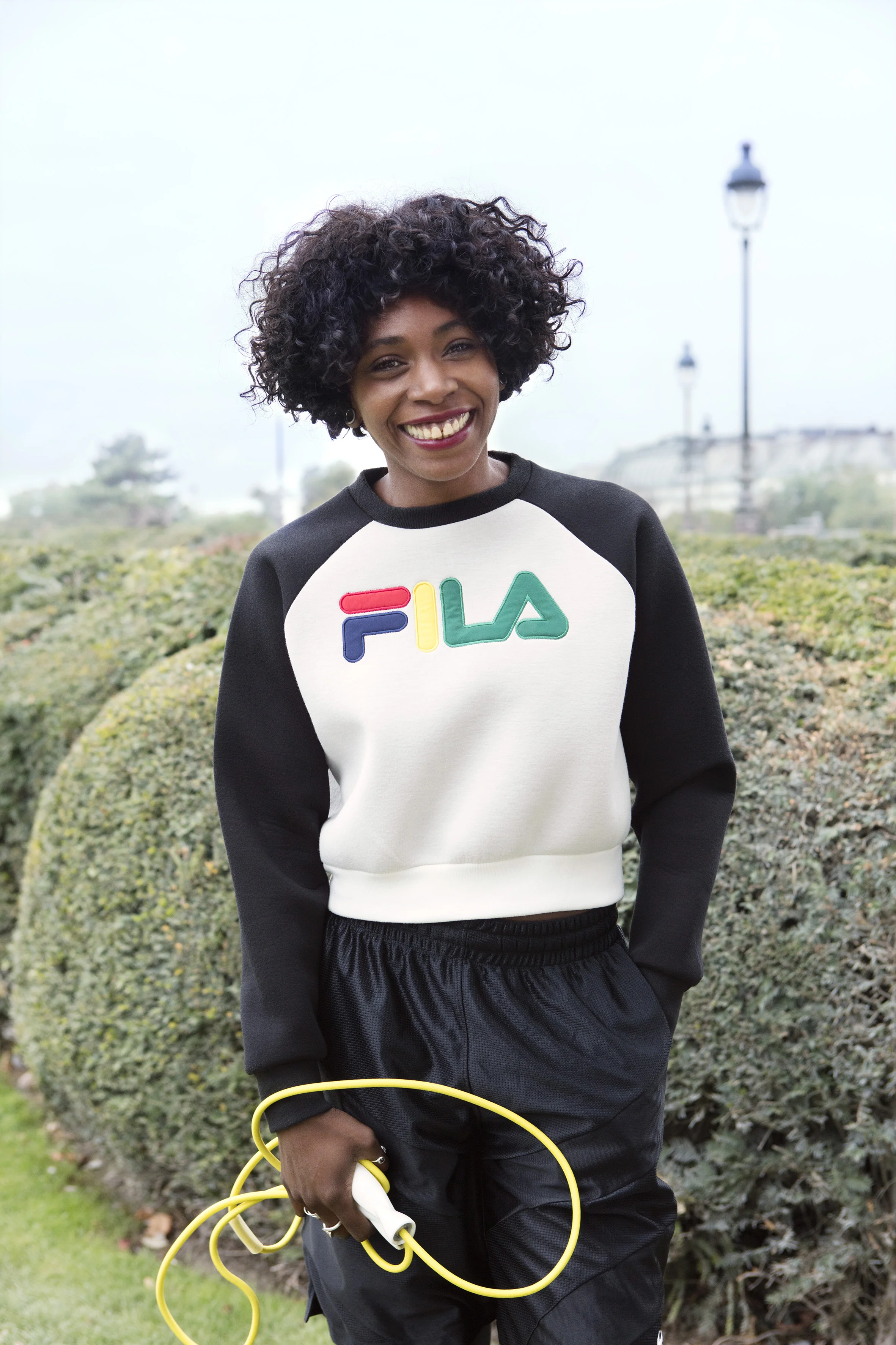 Sweat: Fila. Rings: Chrome Hearts. Short and Legging: Nike. Jump rope: colettegym x Lolë