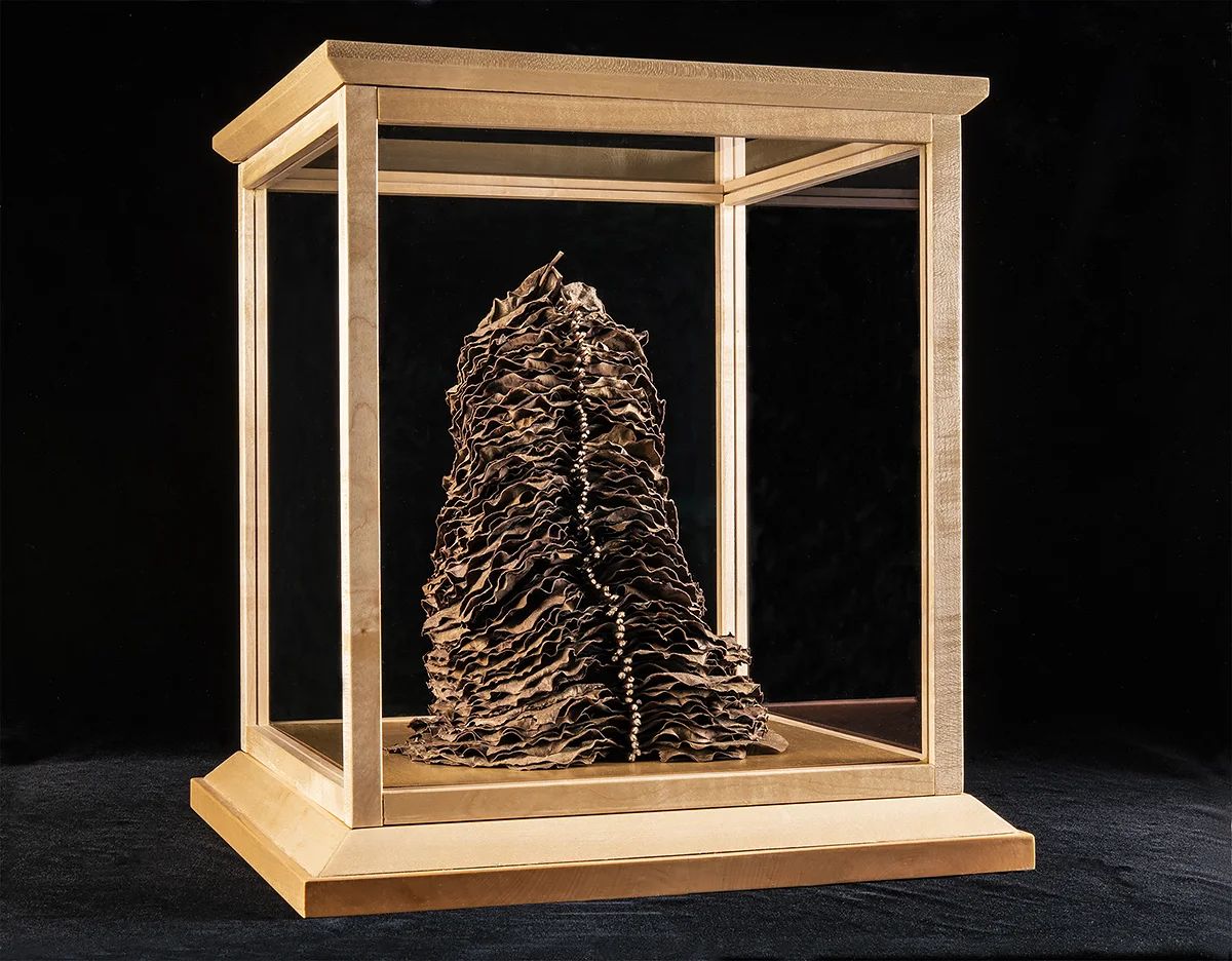 Object Studies Artefact 2018 (Catalpa leaves, rock maple frame, and Museum glass) 38cm x 35cm x 35cm