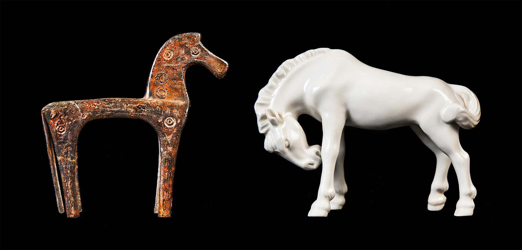    Duologue    Equus caballus: A Tale of Solid-Hoofed Herbivorous Quadrupeds  2019 (Found objects: a metal horse &amp; a ceramic horse)  image size: 45cm x  94cm  Archival pigment print on 310gsm cotton rag paper    