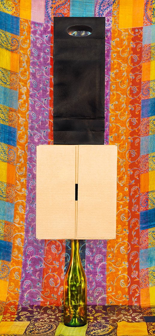    Chance Encounters    A Wine Box &amp; A Wine Bag Balanced on a Wine Bottle  2023 130cm x 60cm Archival pigment print  on 310gsm cotton rag  