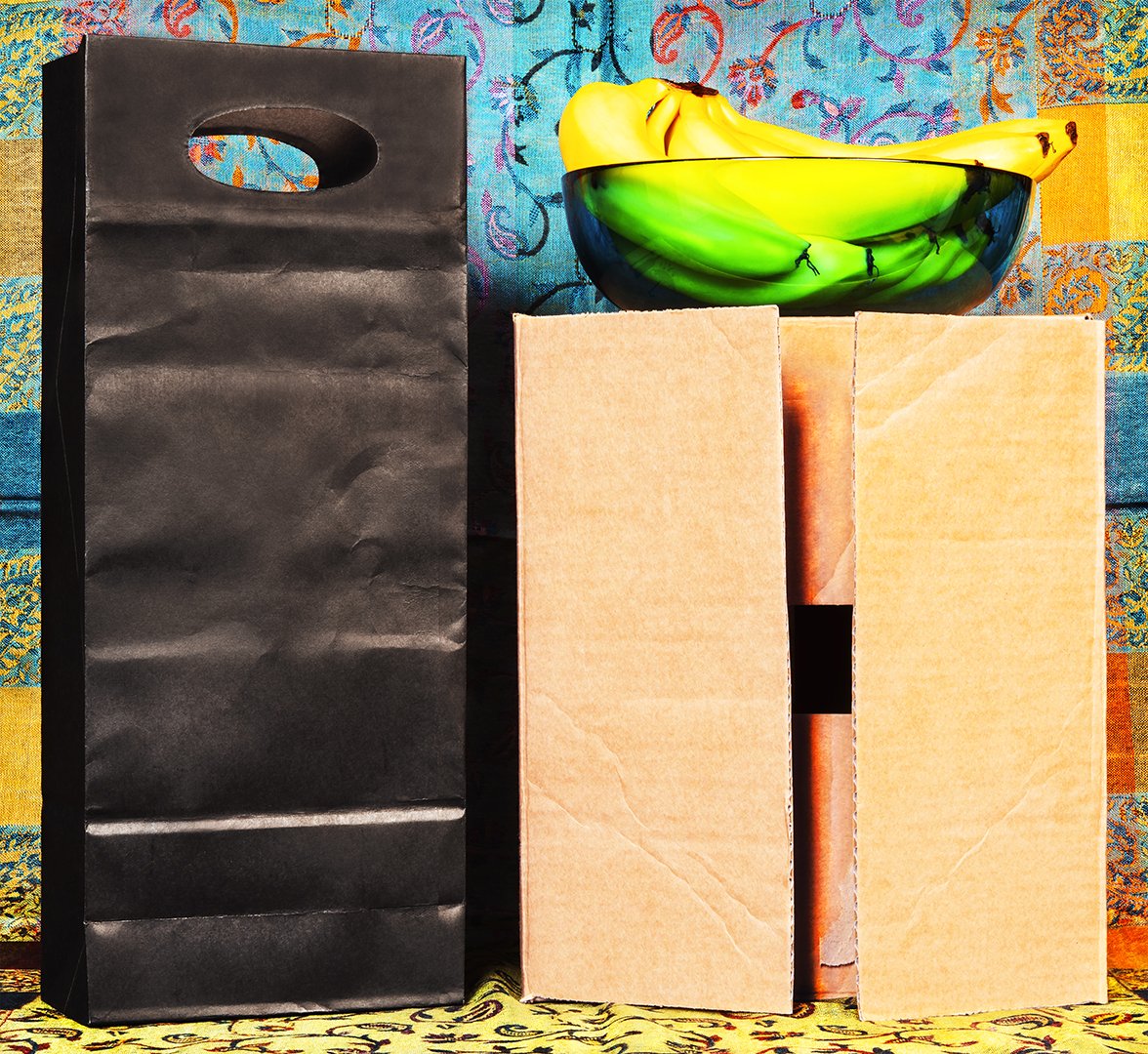    Chance Encounters    A Wine Bag, A Wine Box  &amp; A Bowl of Bananas  2023 90cm x 98cm Archival pigment print  on 310gsm cotton rag  