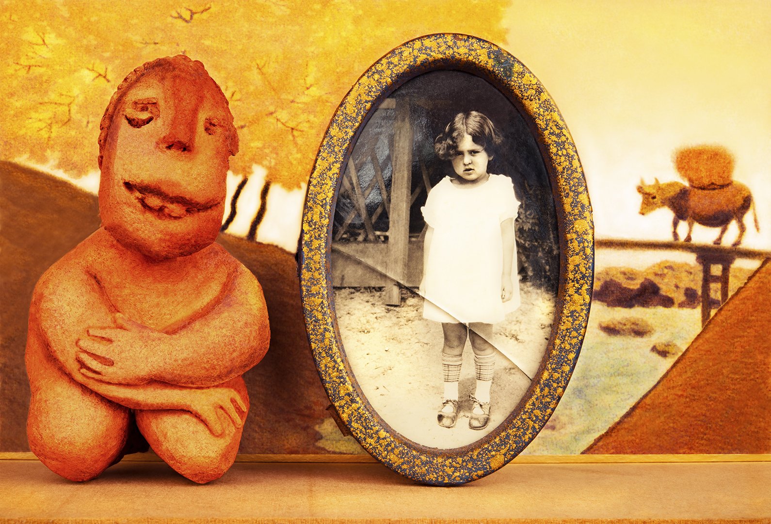    Chance Encounters    An Imaginary Journey: A Girl &amp; Her Friend ‘Clay’ with an Asian Backdrop  2023 (The backdrop is a found object) 64cm x 94cm Archival pigment print  on 310gsm cotton rag    