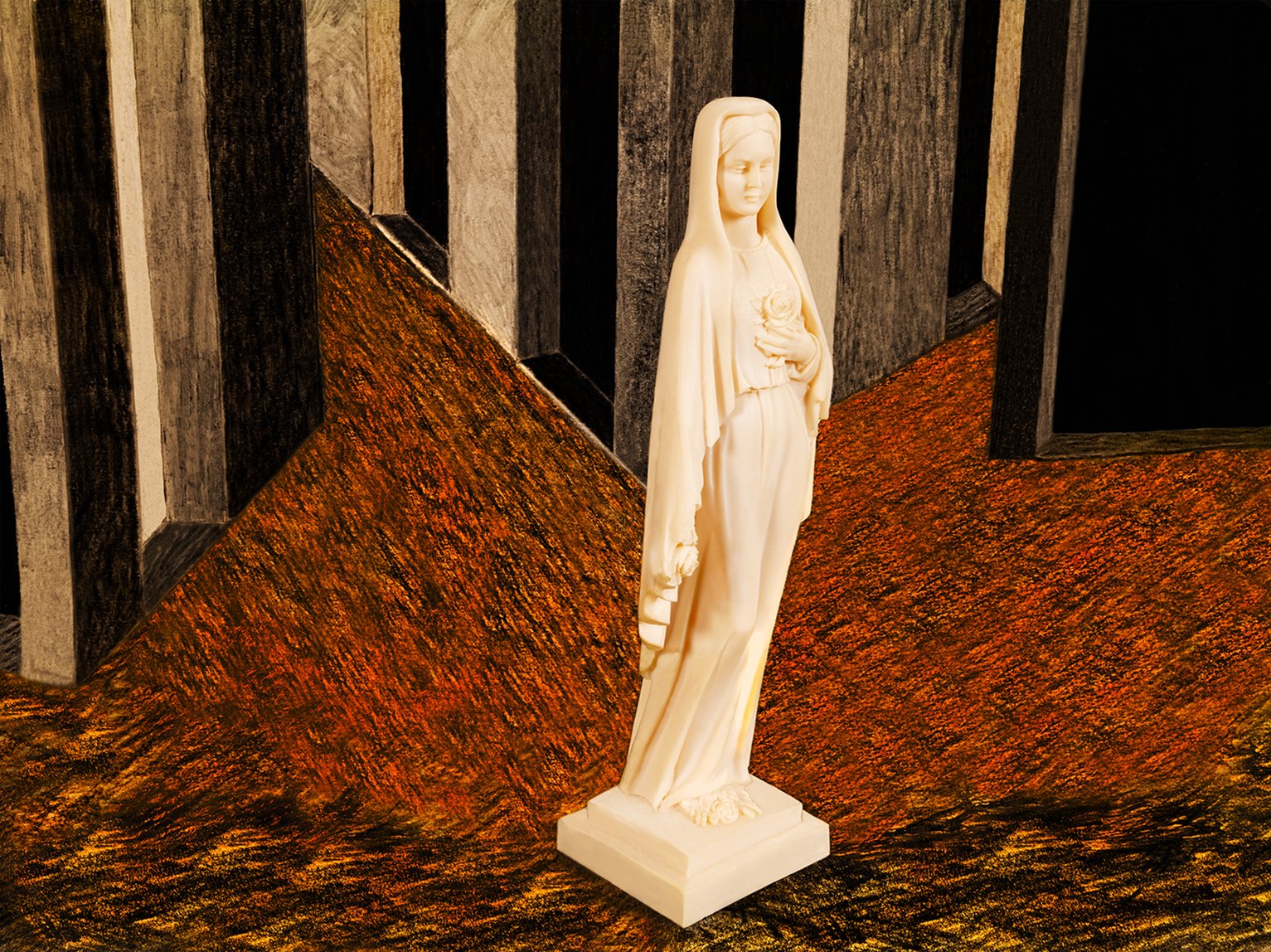    Chance Encounters    Mary in a de Chirico Dream 3 ,  2023 (The environment was  borrowed from a 1913  painting titled  Le voyage  émouvant  by Giorgio de Chirico) 64cm x 85.5cm Archival pigment print on 310gsm cotton rag  
