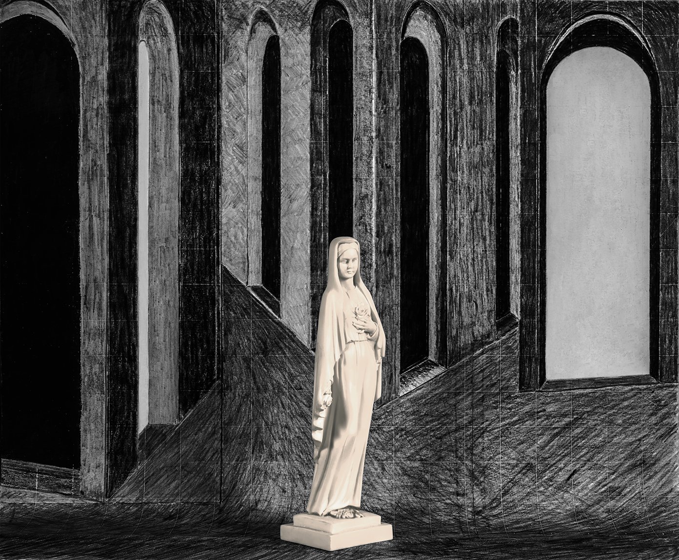    Chance Encounters    Mary in a de Chirico Dream 1 , 2023 (The environment was borrowed from a 1913  painting titled  Le voyage émouvant  by Giorgio  de Chirico) 64cm x 77.5cm Archival pigment print  on 310gsm cotton rag 