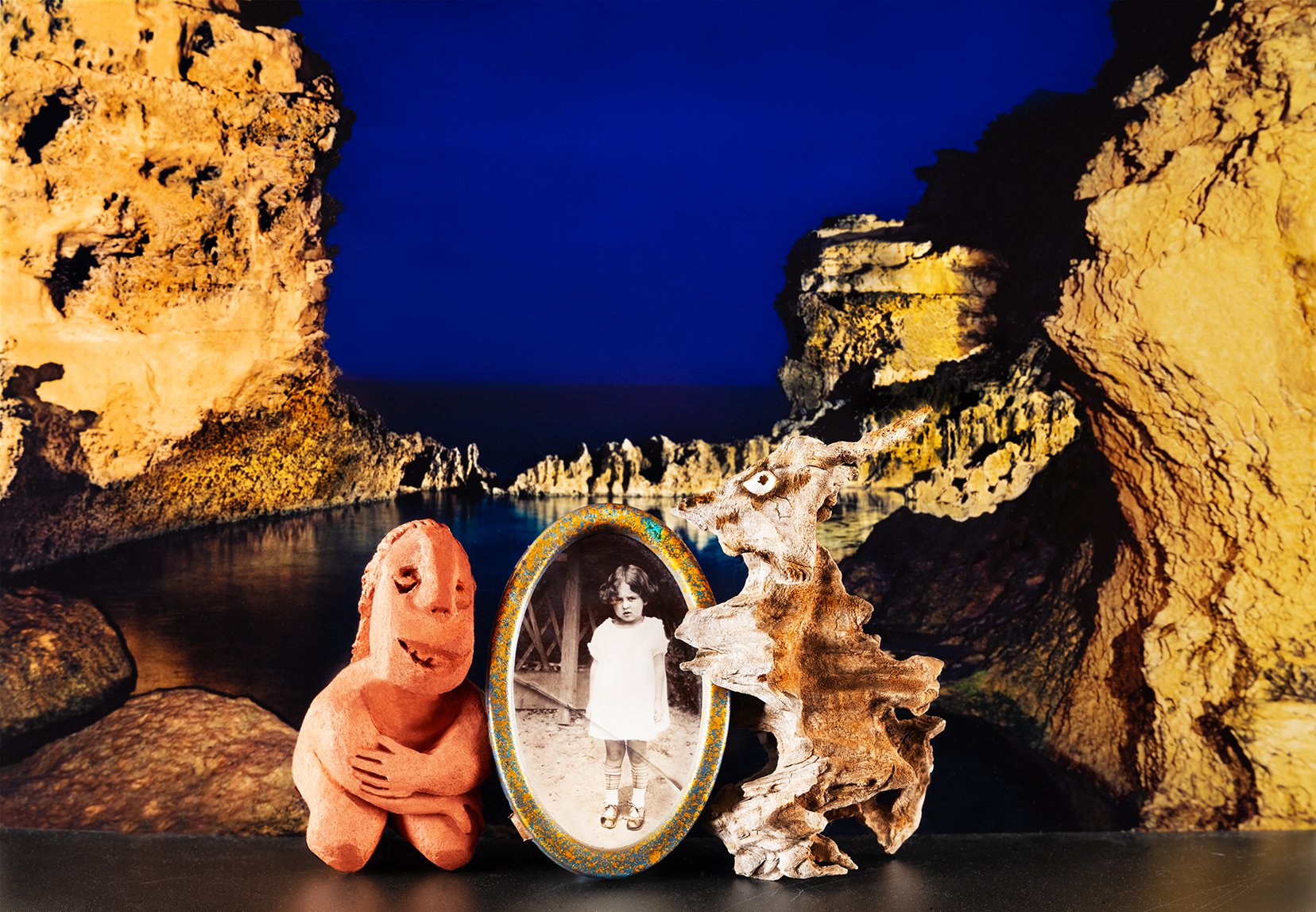    Chance Encounters    An Imaginary Journey: A Girl &amp;    Her Friends ‘Clay’ &amp; ‘Drifter’ with a Backdrop by Her  Future Son  2023 (Backdrop: Ed Douglas,  The  Grotto,  Great Ocean Road, VIC c1980) 64cm X 92.5cm Archival pigment print  on 310g
