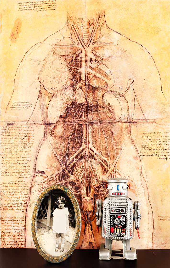    Chance Encounters    An Imaginary Journey: A Girl &amp;  Her Friend ‘Robot’ with a  Backdrop of Leonardo’s  Drawing - ‘Dissection of the  Principal Organs of a Woman’    2023 (The original drawing was  made c1510, pen, ink and wash  over black cha