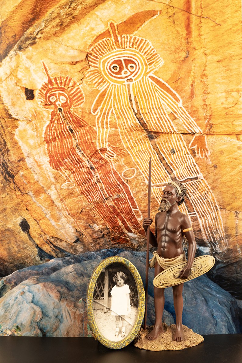    Chance Encounters    An Imaginary Journey: A Girl &amp; Her Friend ‘Hunter’ with a Backdrop of the Lightening  Brothers, NT  2023 (Backdrop photograph by Ed  Douglas 1987) 110cm x 73.5cm Archival pigment print on 310gsm rag paper 