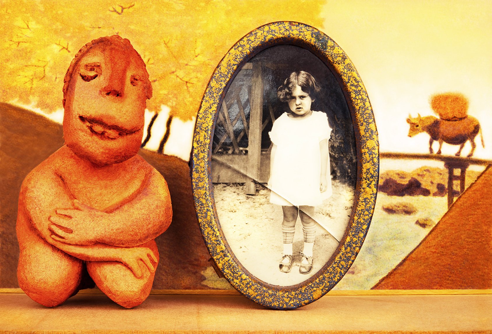    Chance Encounters  gallery   An Imaginary Journey: A Girl &amp; Her Friend ‘Clay’ with an Asian Backdrop  2023 64cm x 94cm  