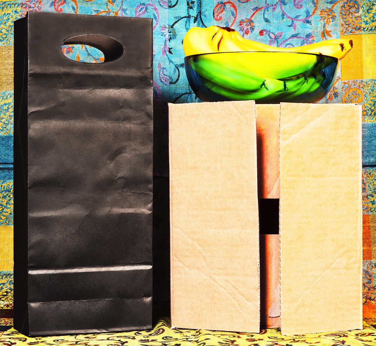    Chance Encounters  gallery   A Wine Bag, A Wine Box &amp; A Bowl of Bananas  2023 90cm x 98cm  