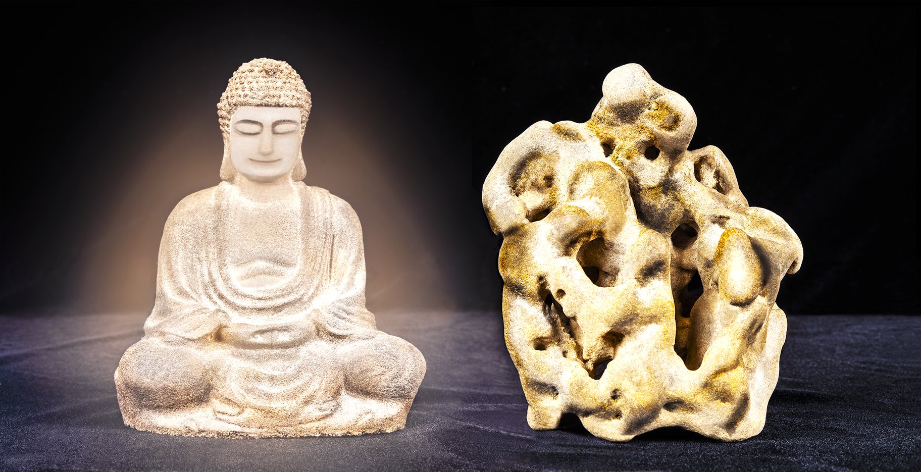    Duologue  gallery   The Profound Tale of a Stone  Buddha and a Stone  2020  (found objects)  45cm x 88 cm   