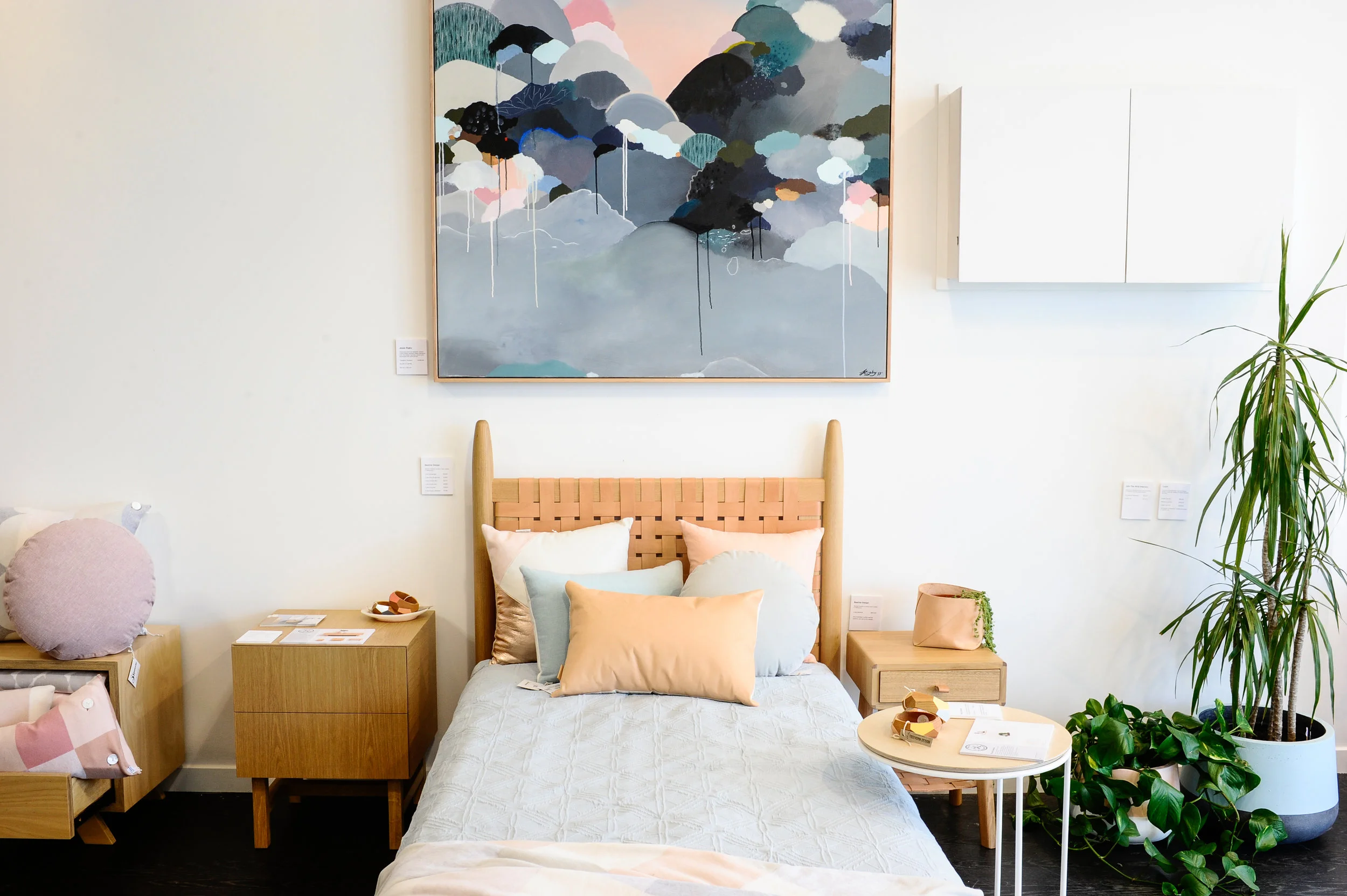 Stunning original artworks by Jessie Rigby were created to compliment the Makers Collective furniture range. Image credit : Haley Kigbo