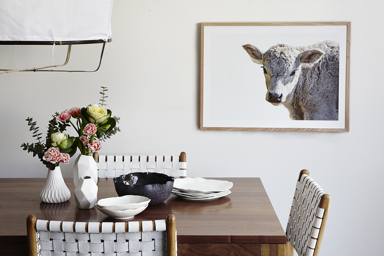 Maitland Street Interiors, Sarah Elshaug, Interior Stylist Melbourne, Scandi Dining Room, Elsie + Hugo, Limited Edition Artwork, Cow Print, The Retreat Stylist