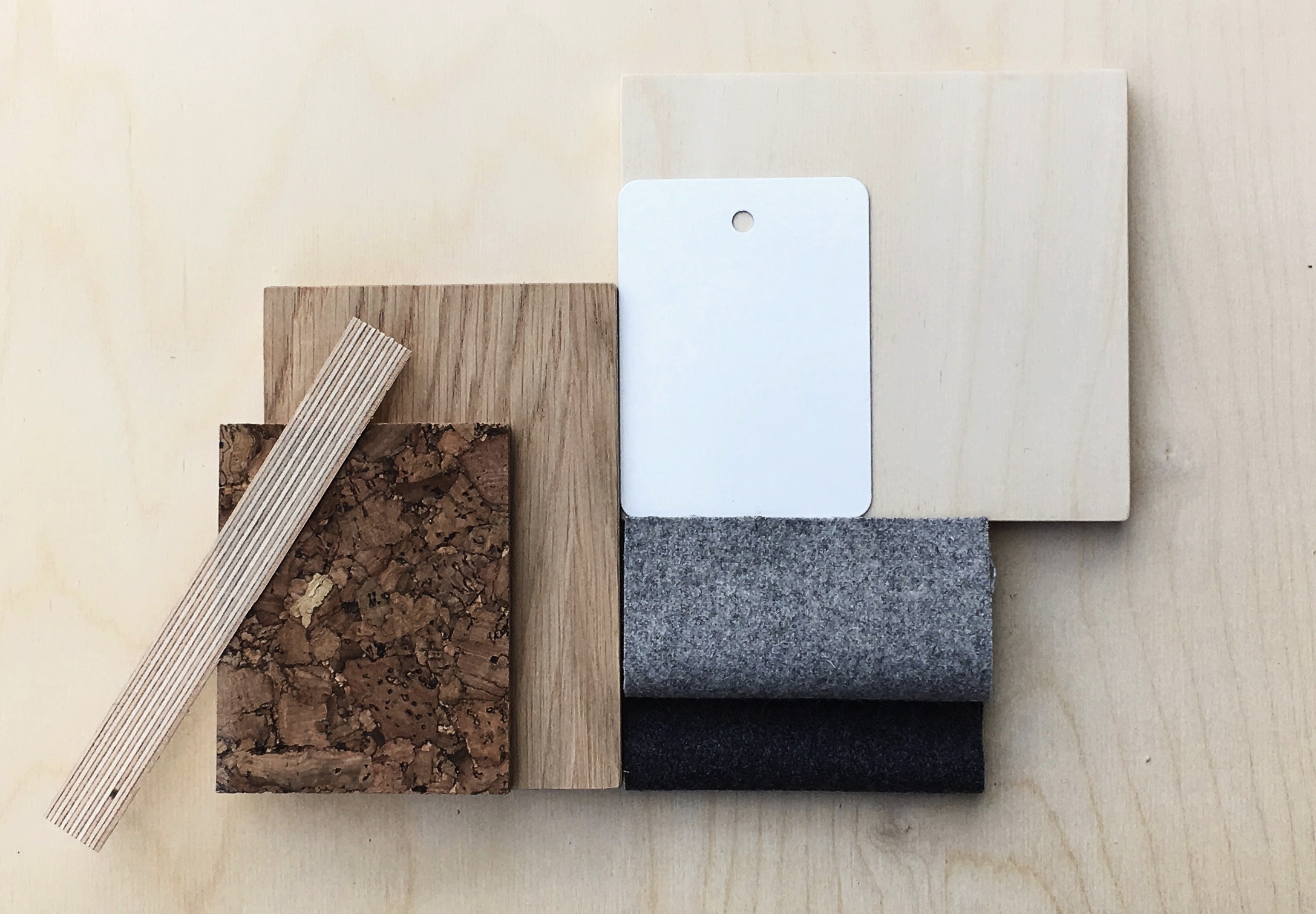 Materials palette by Felix Furniture featuring their signature plywood and cork.
