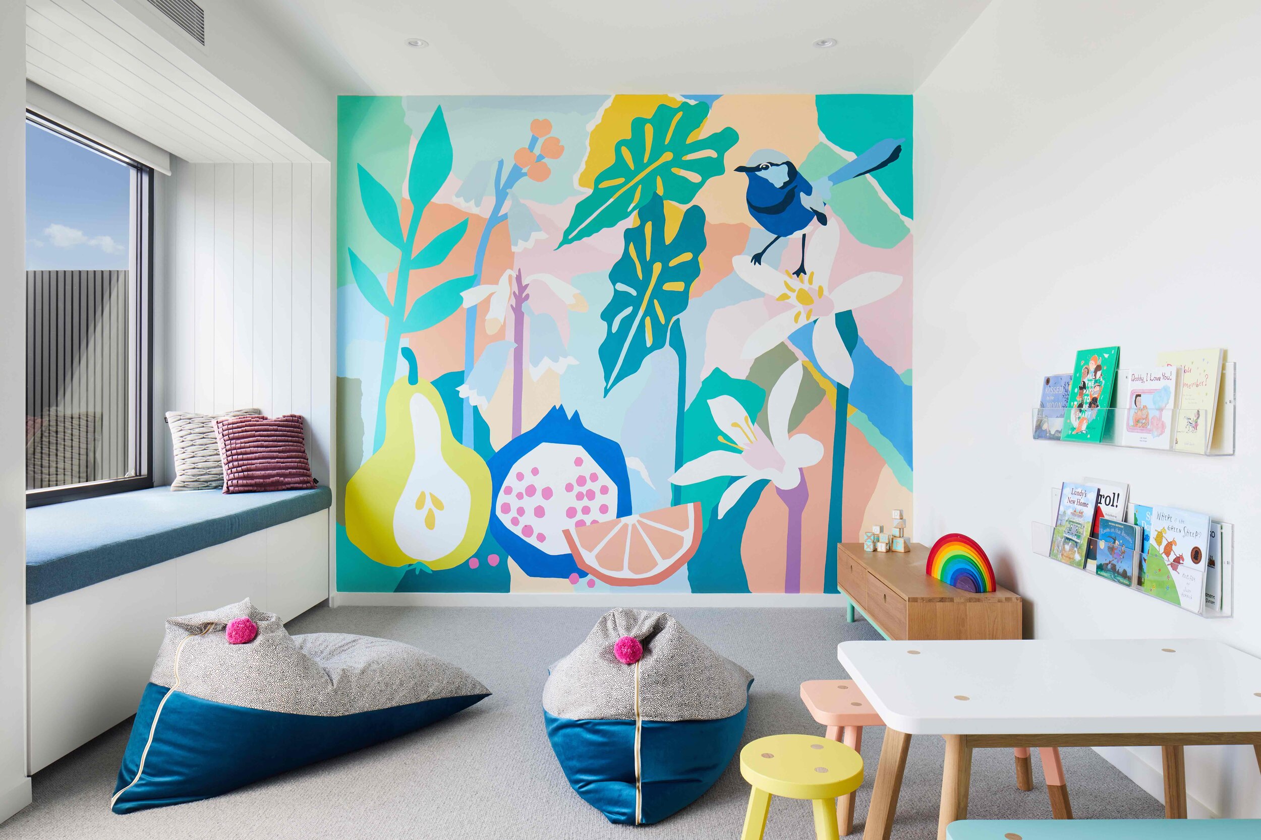 The Retreat Stylist, Maitland Street Interiors, Sarah Elshaug, Interior Decorator Melbourne, Interior Stylist Melbourne, JVM Residence, Kids Playroom, Leah Bartholomew, Hand Painted Mural