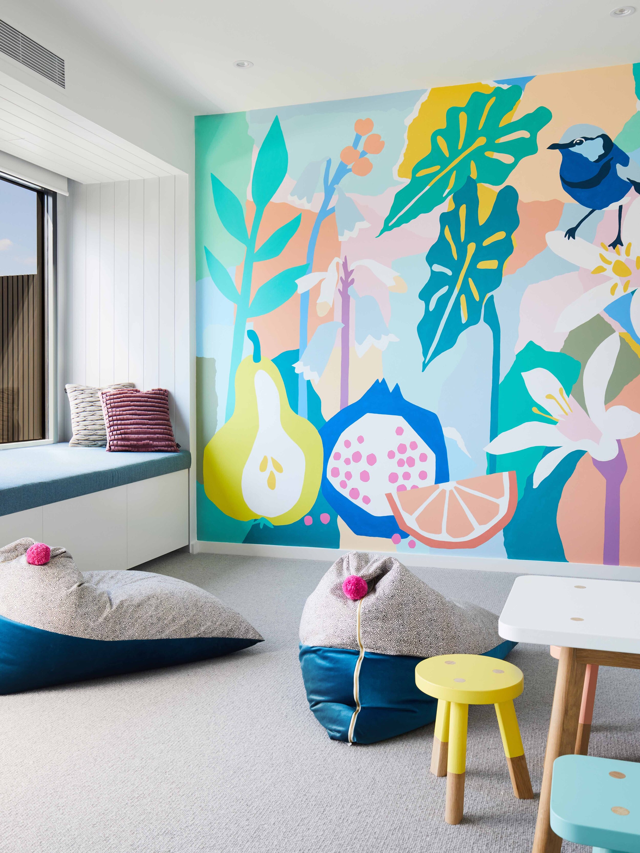 The Retreat Stylist, Maitland Street Interiors, Sarah Elshaug, Interior Decorator Melbourne, Interior Stylist Melbourne, JVM Residence, Kids Playroom, Leah Bartholomew, Hand Painted Mural