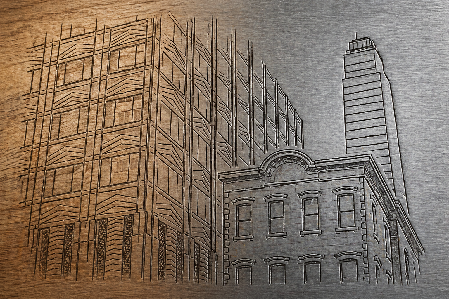 Etched metal artwork of modern and historic buildings, featuring a tall skyscraper and a vintage brick building.