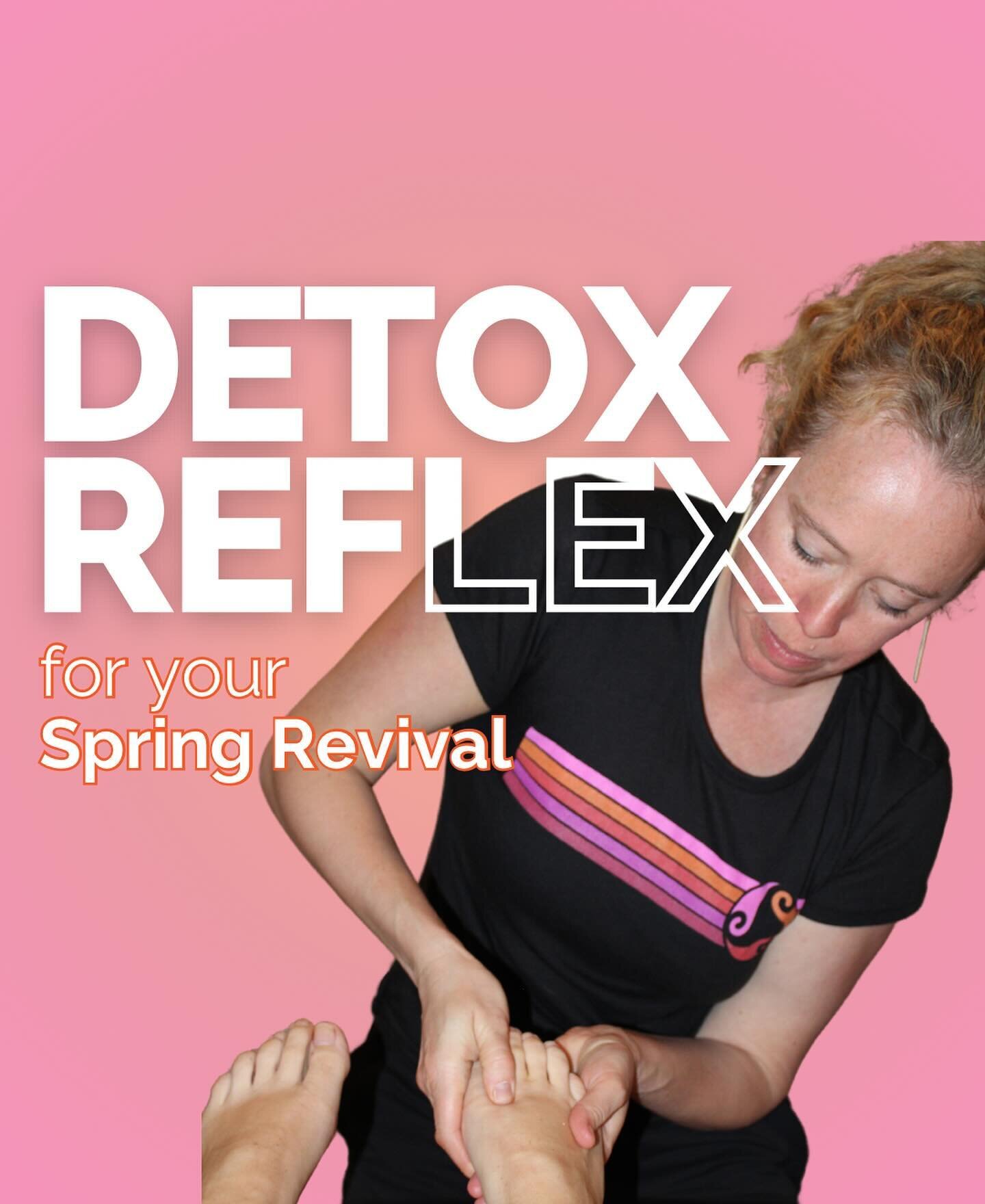 Detox Reflexology is the perfect way to support your body&rsquo;s reawakening this spring. 

This customized session is designed to aid in the detoxification process by focusing on the:

🌷Lungs
🌷Kidneys
🌷Colon
🌷Liver 
🌷Lymphatic System

Book you