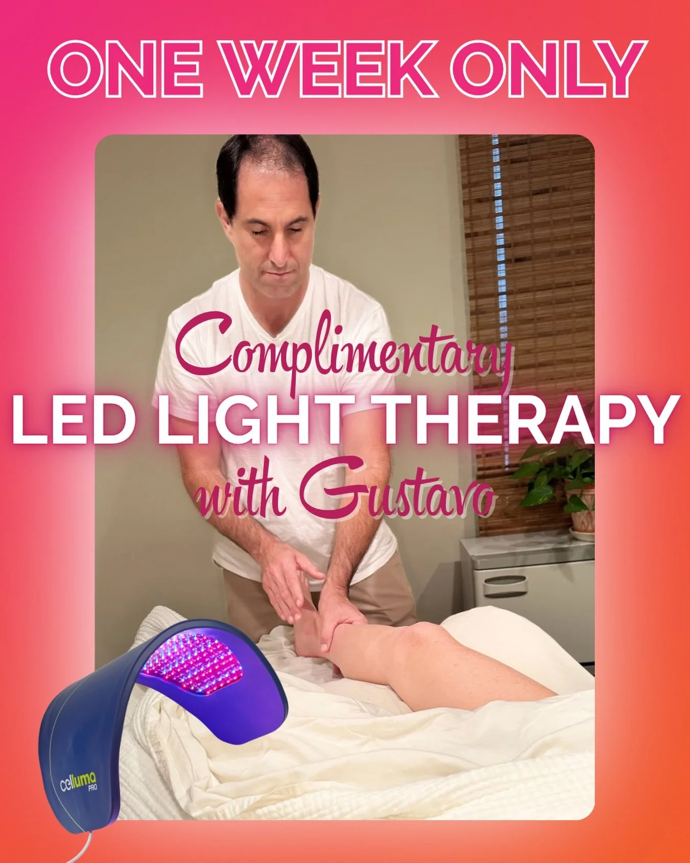 LED Week with Gustavo!

For one week only, Gustavo is offering a complimentary LED Light Therapy Add-On to any Lymphatic Drainage or Bodywork session. 

If you&rsquo;ve work with Gustavo before, you already know - his intuitive touch and 20+ years of