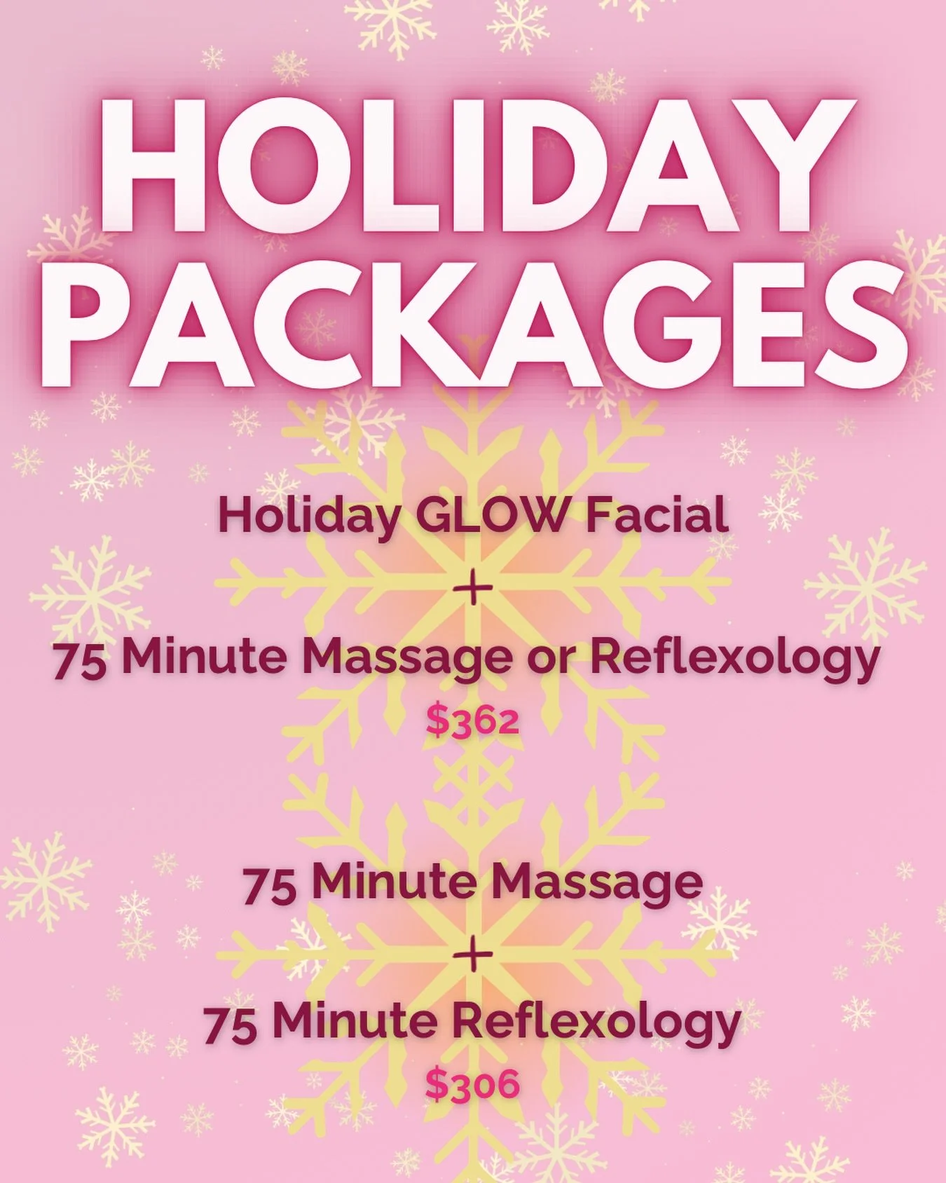 Holiday Packages are now available! 

Get everyone on your list what they&rsquo;re really hoping for - the chance to reset and de-stress&hellip; TWICE! 

Choose from two restorative packages:
✨ Holiday GLOW Facial + 75 Minute Massage or Reflexology 
