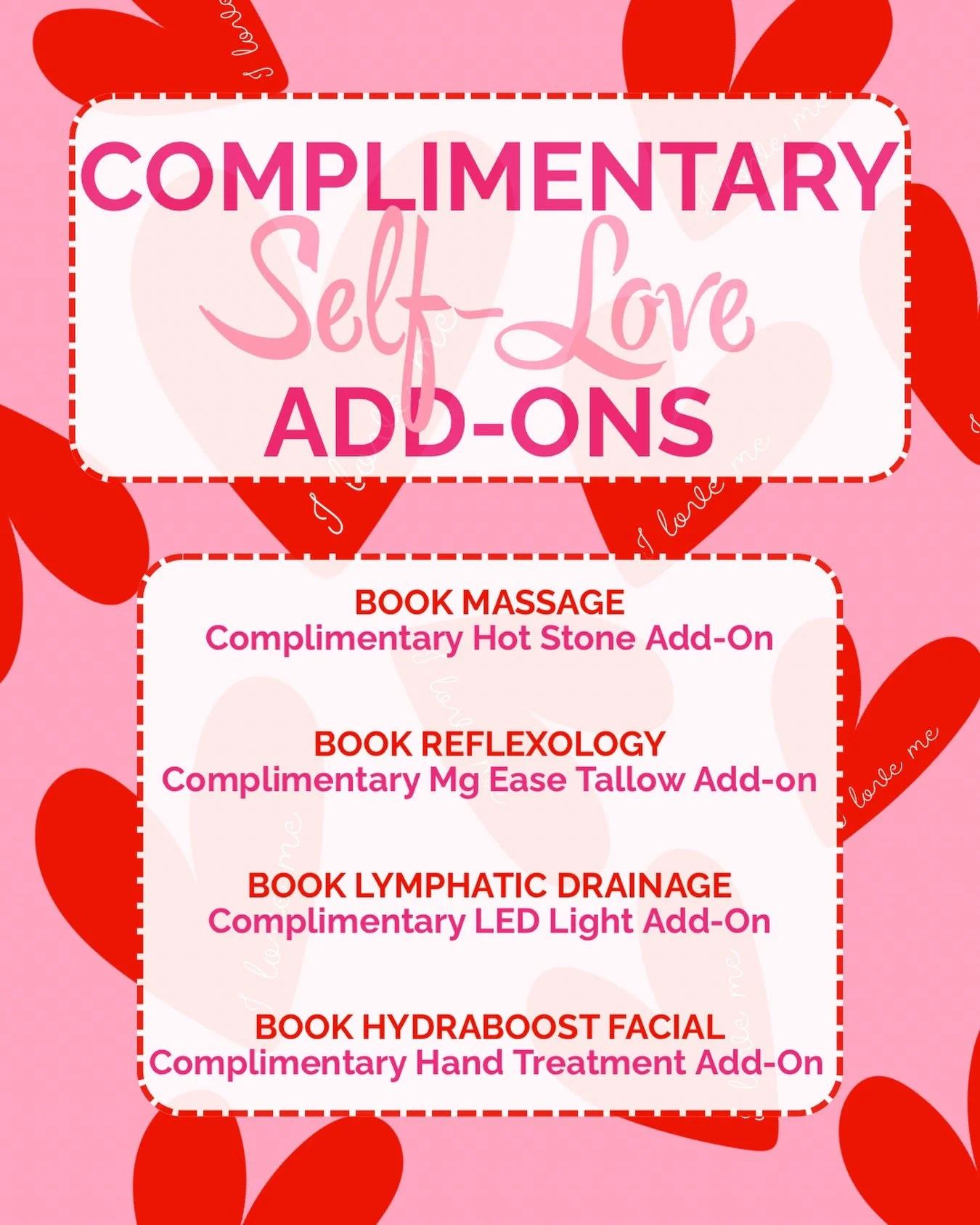 To celebrate Self-Love this month, we&rsquo;re offering complimentary add-ons with any service - an invitation to step away from your to-do list, unplug, and give yourself uninterrupted time to rest. 

Just mention &lsquo;Self-Love Add-On&rsquo; at t