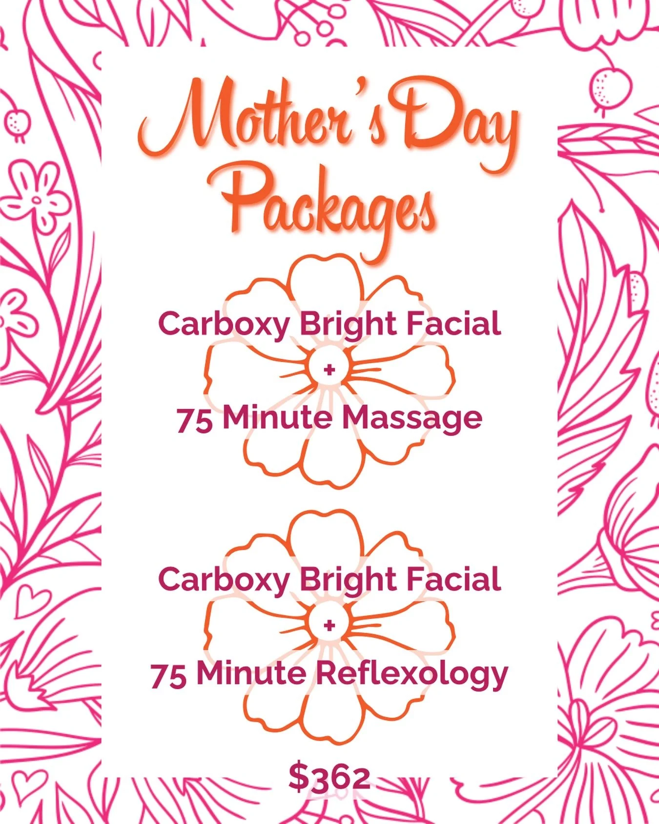 There&rsquo;s nothing Mom needs more than a little time just for herself. 

Our Mother&rsquo;s Day Packages are designed to give her exactly that - a moment (or two!) to relax, reset, and feel her best. 

Purchase online for instant delivery to Mom, 