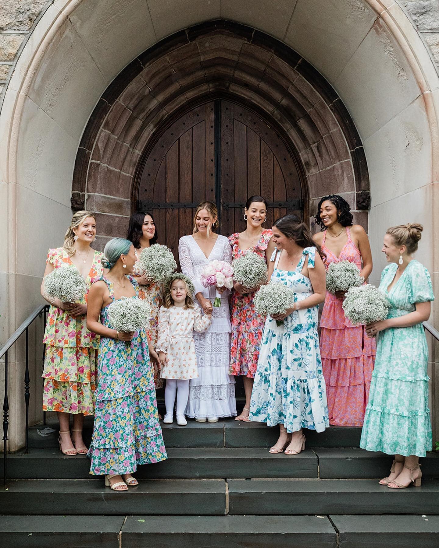 With every wedding we style we put a lot of thought in to what pulls your whole bridal party in to focus. Sometimes doing something monotone and simple really lets the dresses shine. 
When Whitney approached us with the idea of varied floral prints f