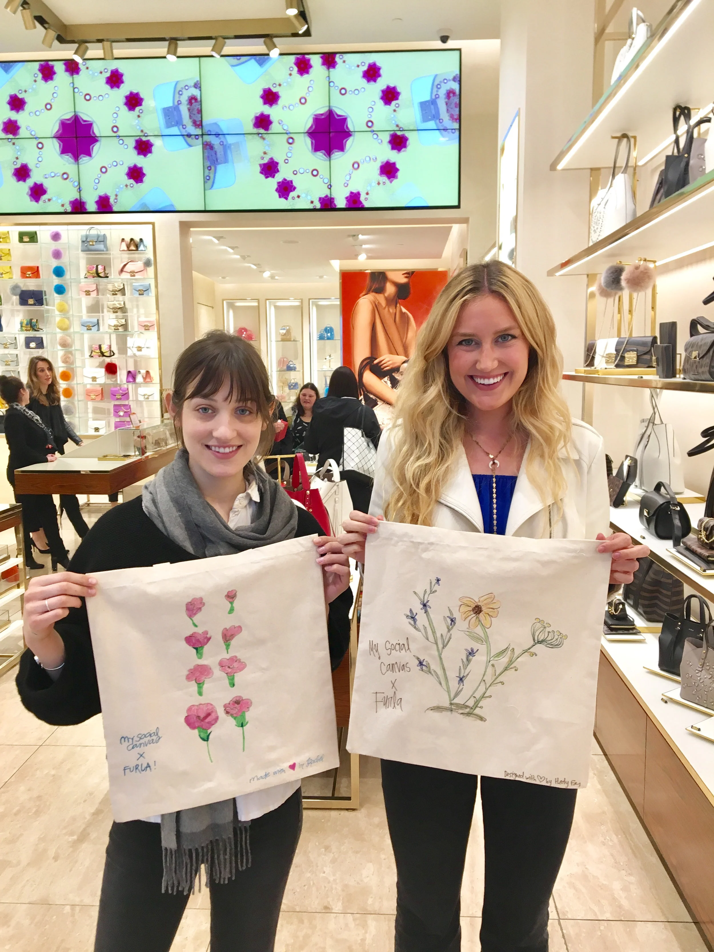Campus Designer Rachel and MSC PR Coordinator, Hedy share their custom tote designs at our FURLA Earth Day event! Furla and their clients loved the floral patterns our campus designers created in celebration of Earth Day. 