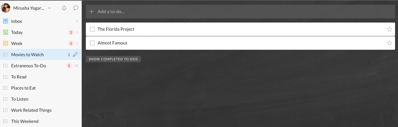 Categories and associated tasks on Wunderlist. 