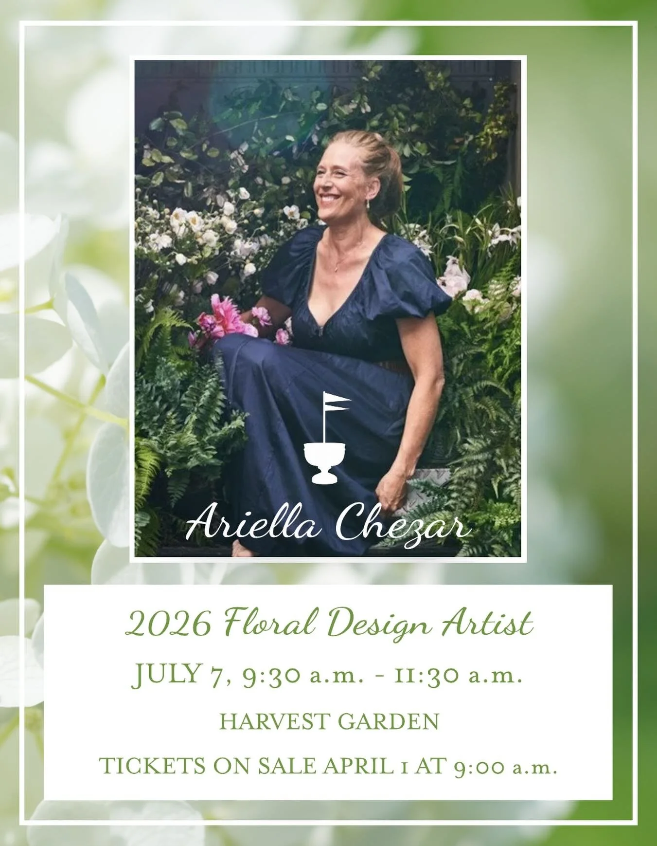 The Nantucket Garden Festival is delighted to welcome Ariella Chezar as this year&rsquo;s featured floral design artist. 

The Floral Design Workshop offers an inspiring, hands on  experience as Ariella guides guests through her &ldquo;farm-to-flower