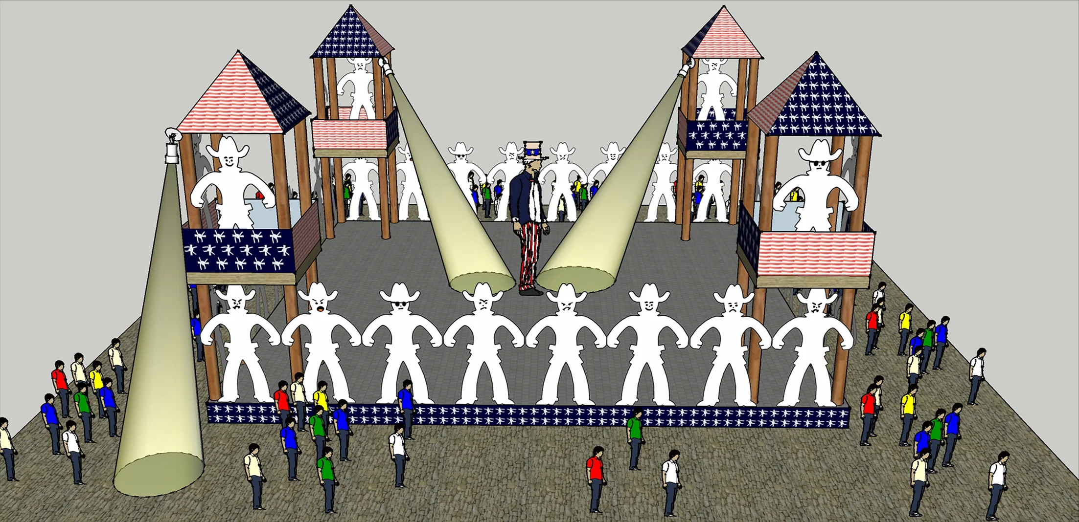 Protecting America's Freedom Proposed Installation and Performance Space 40 x 40 x 18' Wood, Plastic Board, Barbed Wire and Digital Prints Prison Breakout Spotlights Looped Musical Recording Uncle Sam on stilts patrolling the perimeter of Freedom's Space