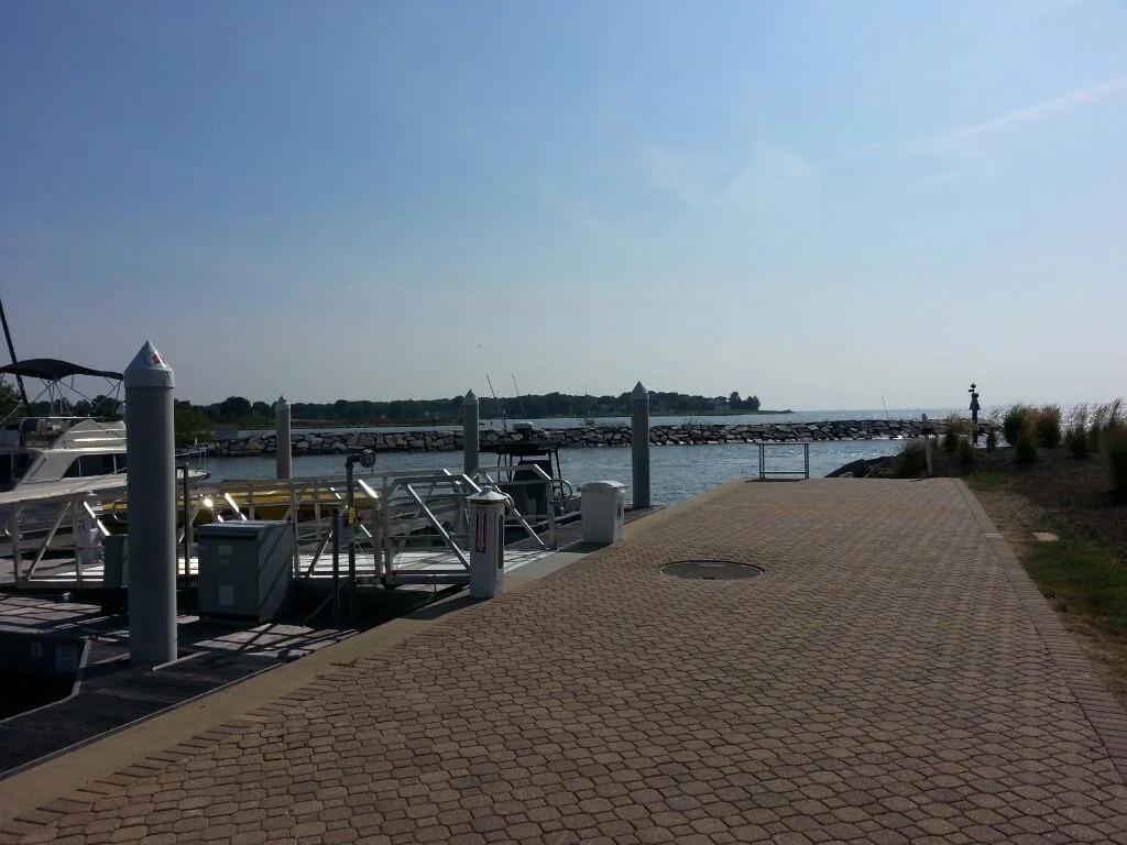 Marina with several boats docked, a paved walkway, a breakwater in the background, and a clear sky.
