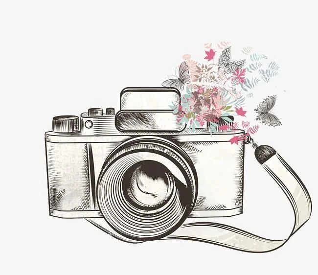 A hand-drawn style camera with colorful butterflies and flowers emerging from the top.