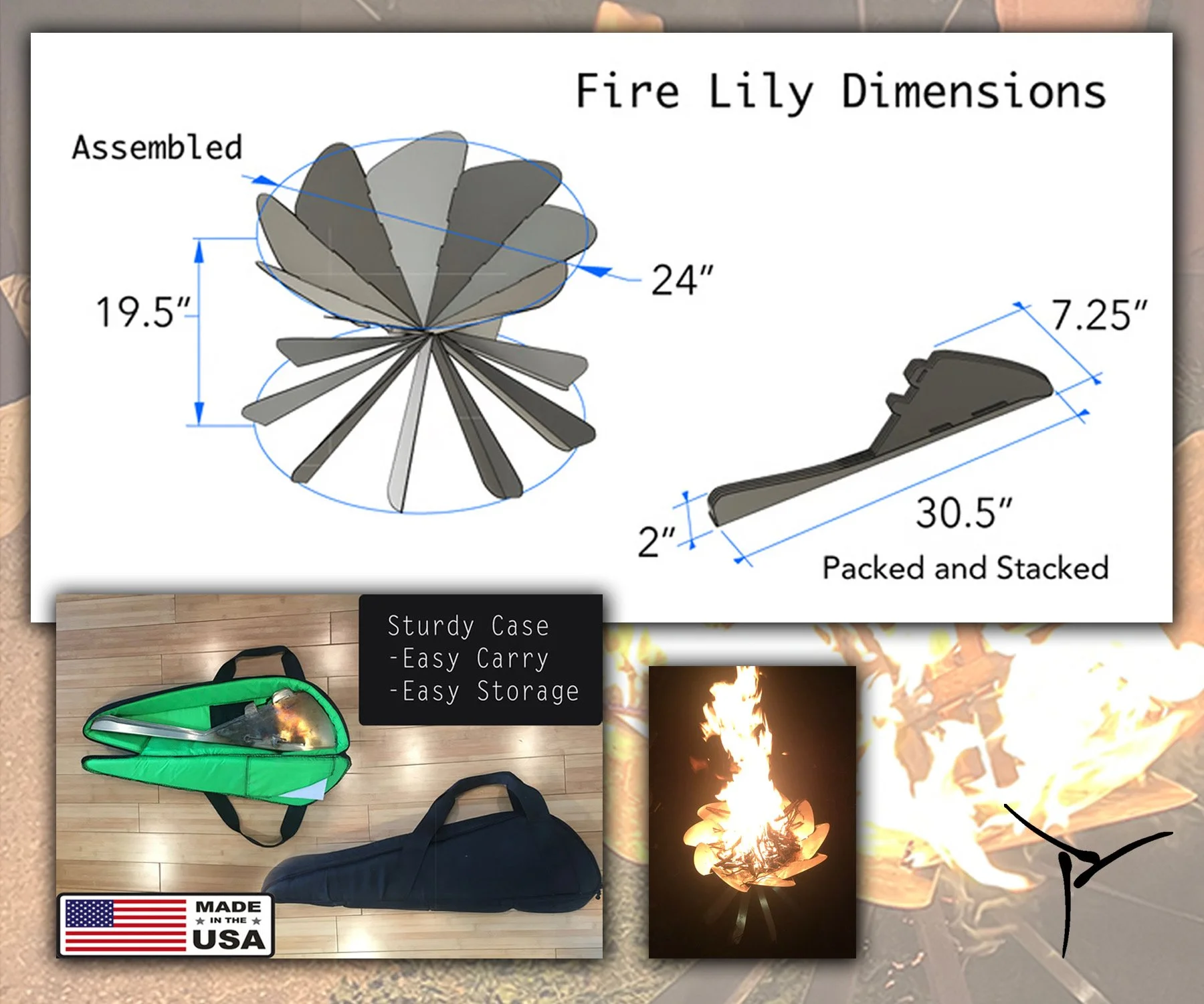 Packable stainless steel Fire Lily with folded components