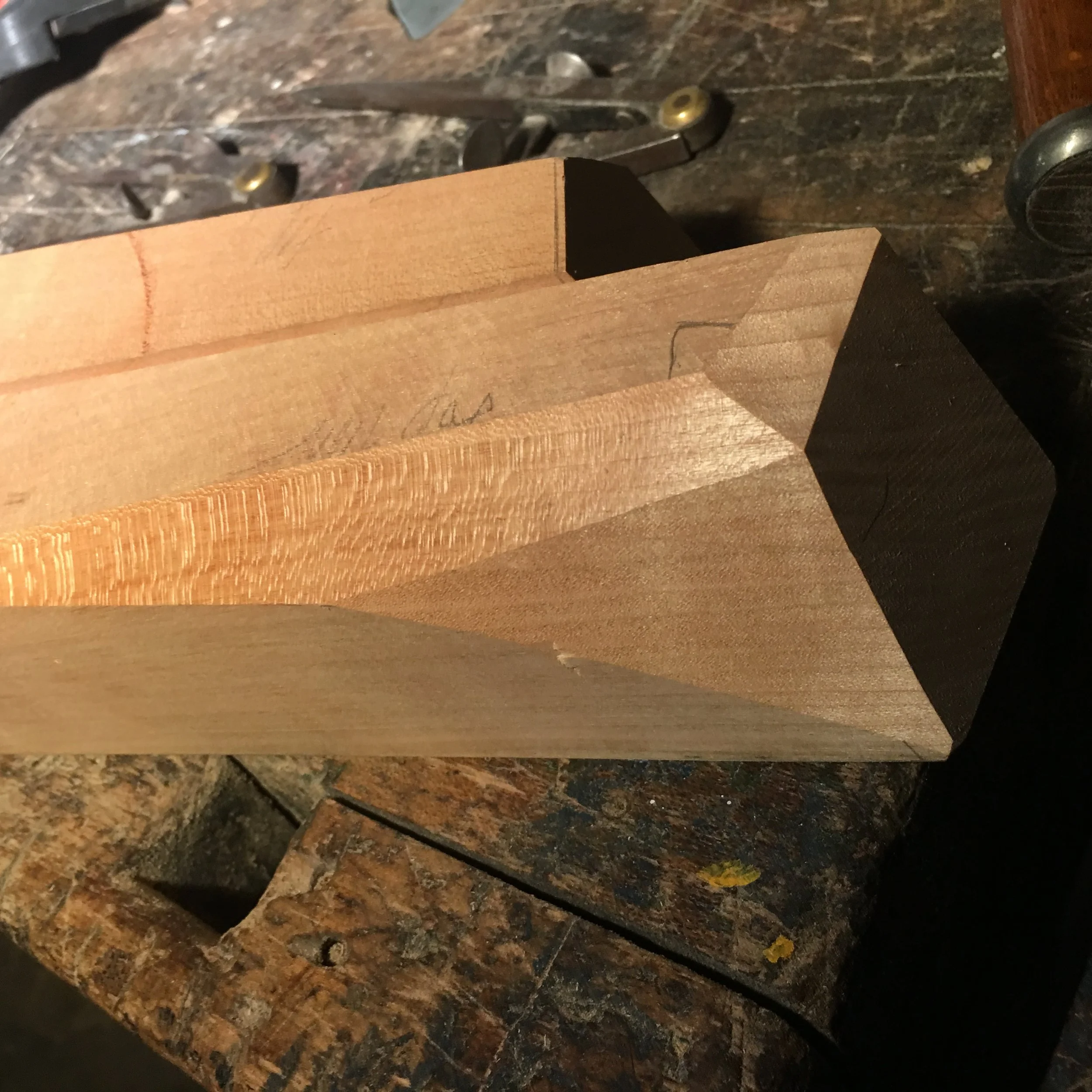 Page Chair component in progress, angled wood joint detail crafted by Matthew McEntee