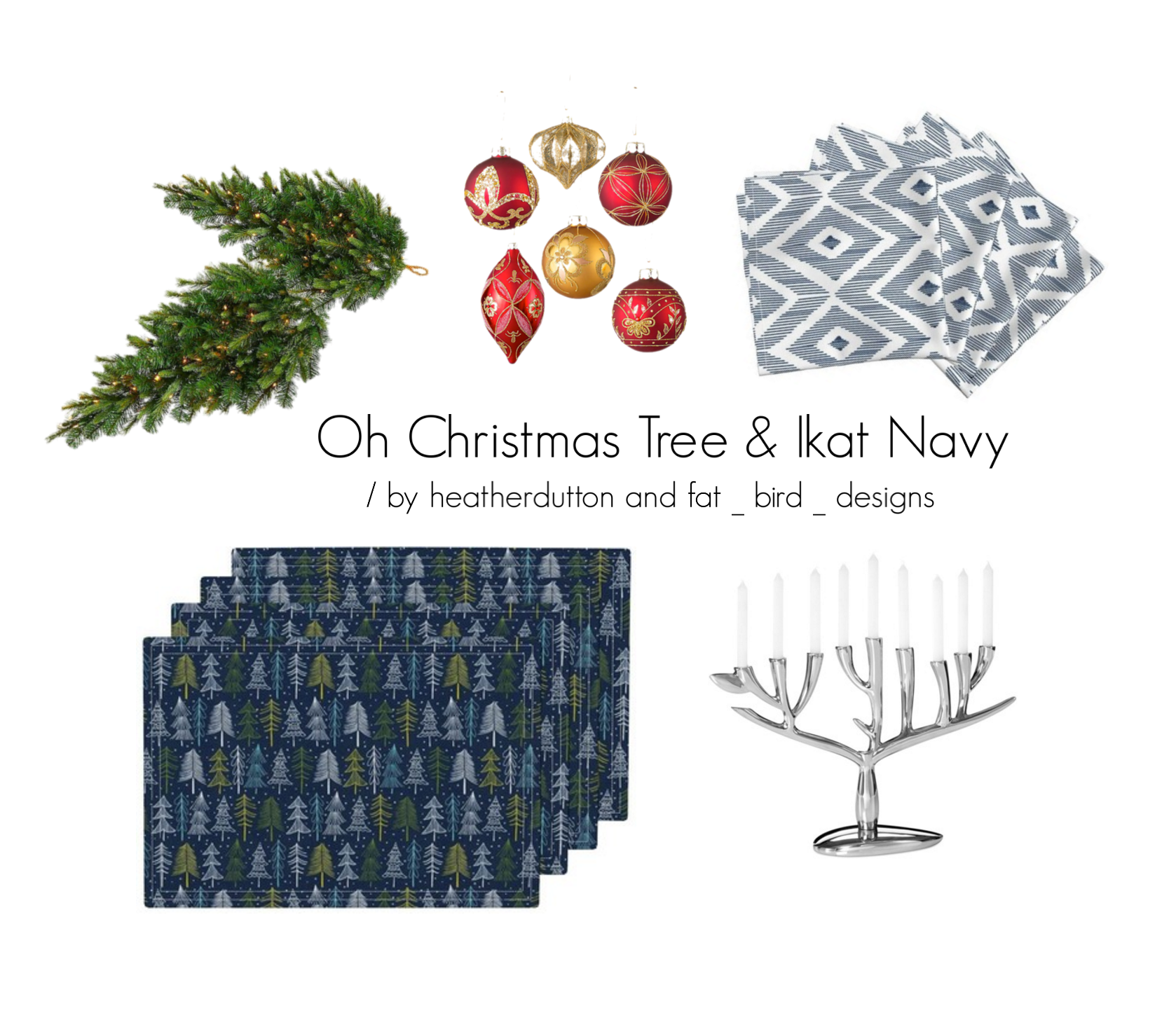 Amarela napkins | Ikat Navy by fat_bird_designs / Lamona placemats | Oh Christmas Tree Navy Blue by heatherdutton / Explore other products on Polyvore