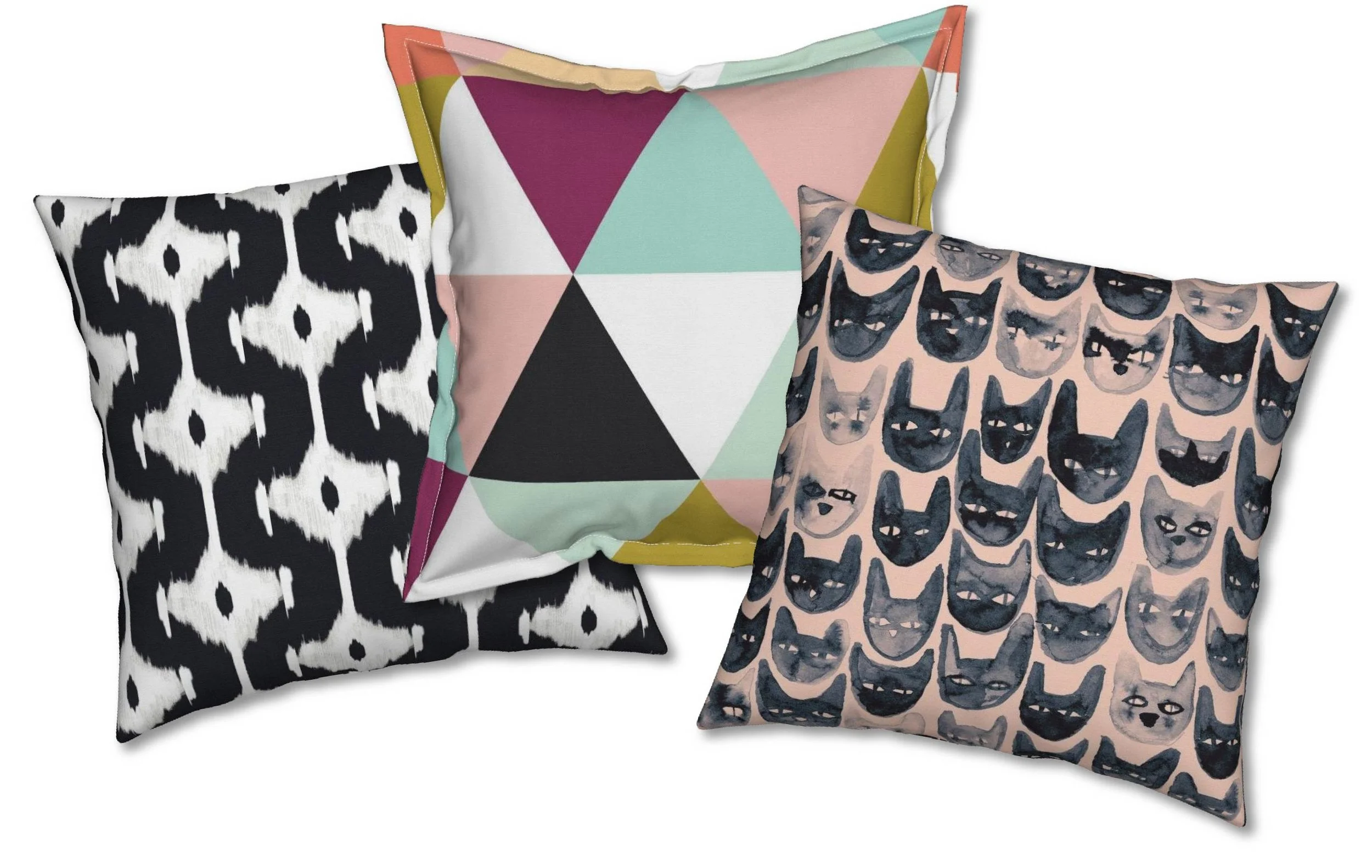 From ikat to cats and everything in between! Learn how to introduce themes, colors and styles in your home. Pillow d esigner credits below.