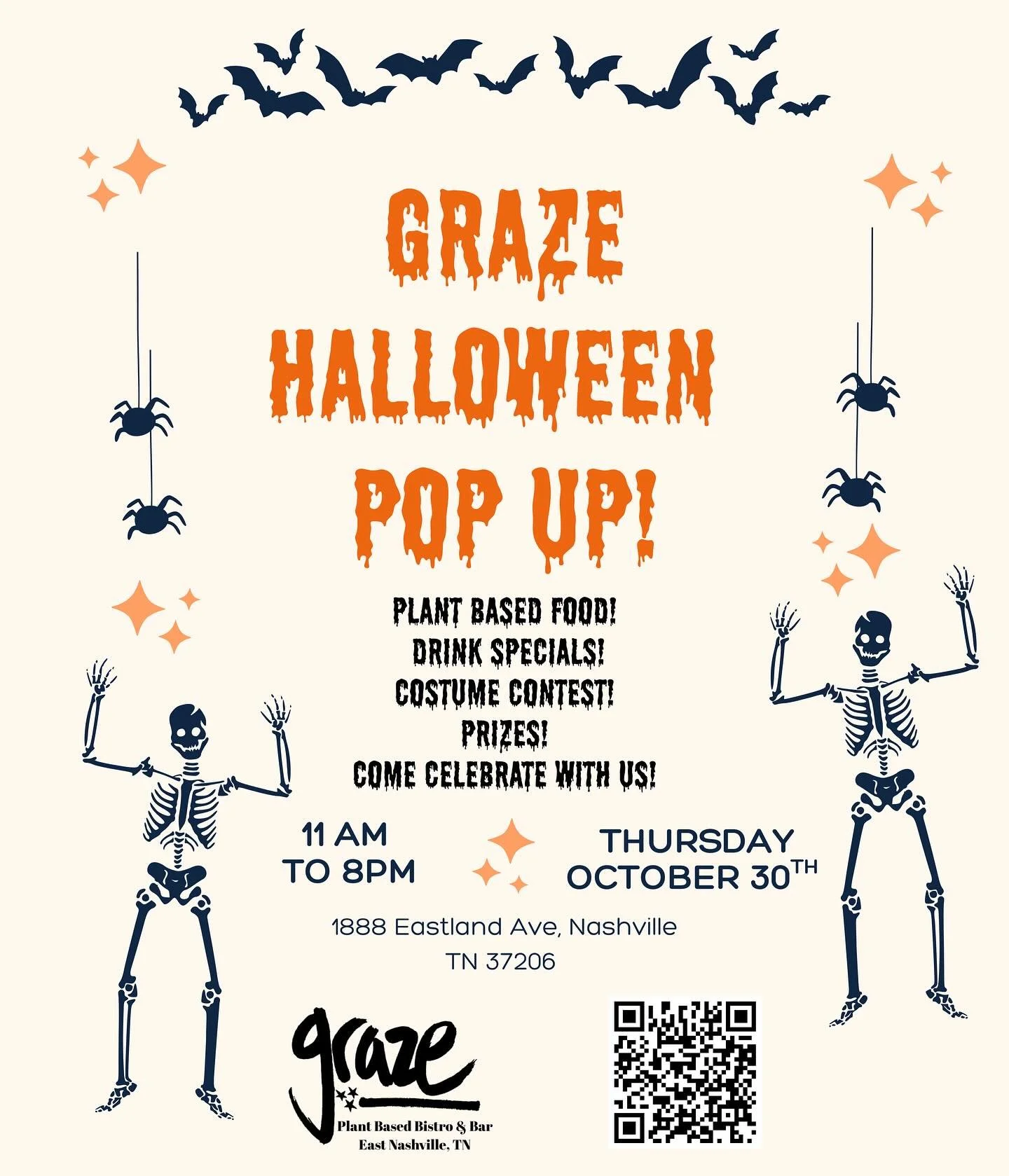 👻BOO!👻 We’re having a pop-up! 
Swing by Graze on October 30 for spooky specials and a costume contest- the winner will even receive a Graze gift card! 
Come celebrate with us, if you dare…
🎃🦇☠️✨
#halloween #veganhalloween #nashvill