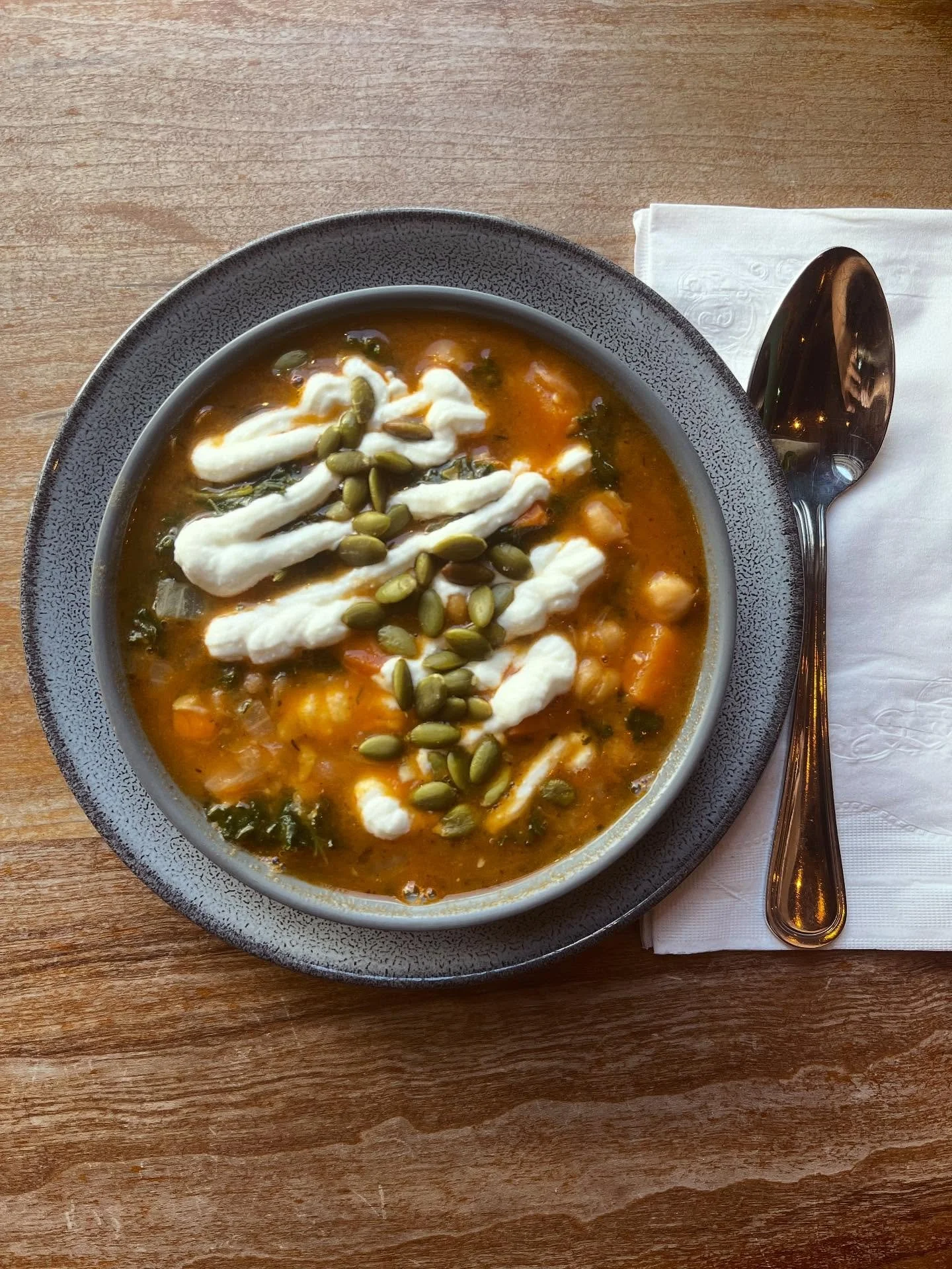 Soup of the day: Harvest Veggie Soup 
Chickpeas, sweet potatoes, carrots and kale stew topped with sour cream and pumpkin seeds.
Perfect autumn vibes 🍂🍁