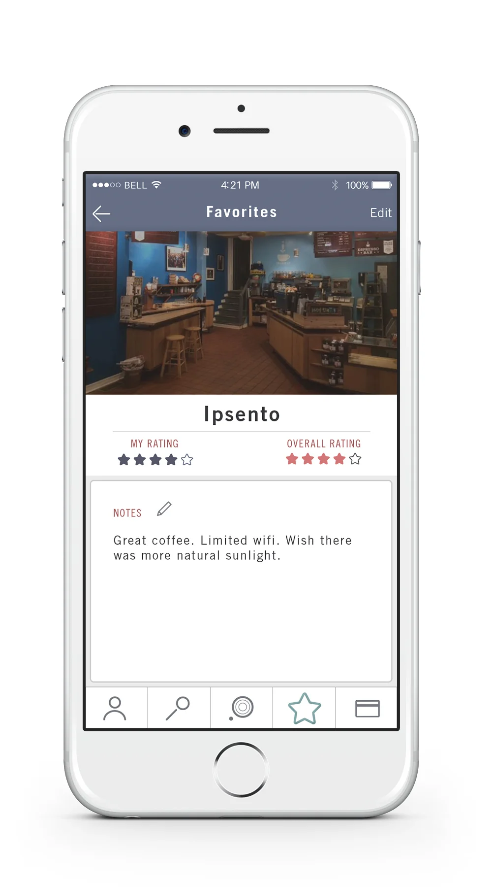 Notes — Locations that have been favorited or added to the user's history have note profiles where the user can add brief descriptions about their experience, such as what drink they ordered.