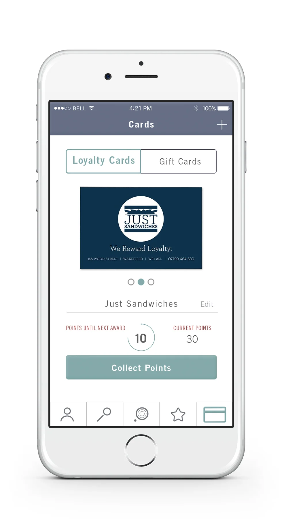 Loyalty Cards — The card tab allows the user to keep all of their shop loyalty cards in one place. Once the user decides on a location, they can load the location's loyalty card and start collecting points.