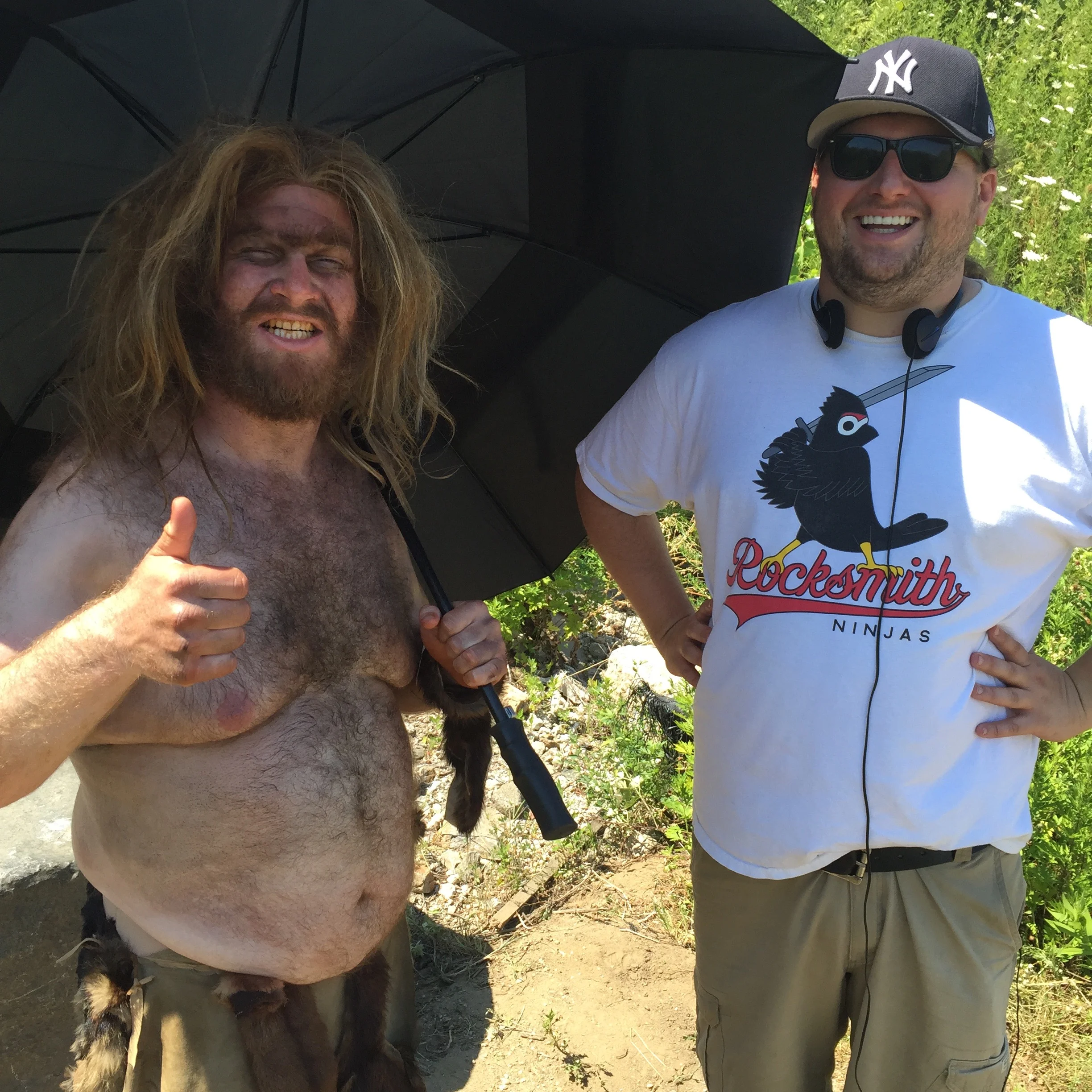 Henry and Ed on the day we shot the caveman sketch. It was hot and clearly we were miserable that day.