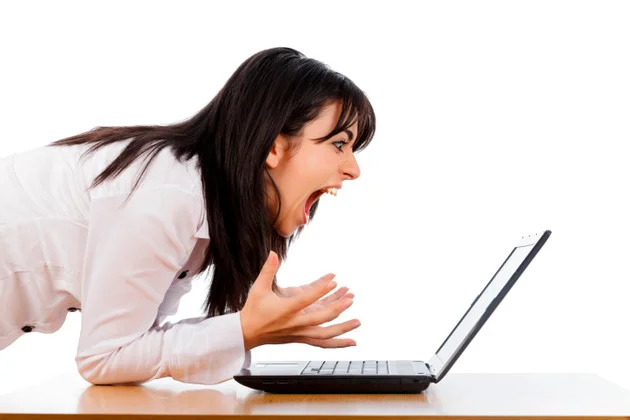 God bless stock photography. I googled "people screaming computer" and got this.