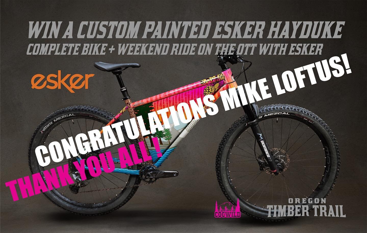 We have a winner!

We are thrilled to announce that Mike Loftus @mloftus is the lucky winner of the Esker Hayduke complete bike! Congratulations, Mike!

We would like to take this opportunity to extend our deepest gratitude to @eskercycles for their 