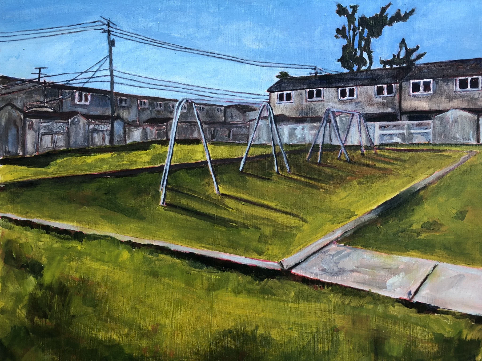 “There were tons of kids on the base. We played together all the time, tag, hide and seek, kick the can. We shared stories about other bases we had lived on.” D, moved to the base in 1977. Oil on paper. 11” x14”.