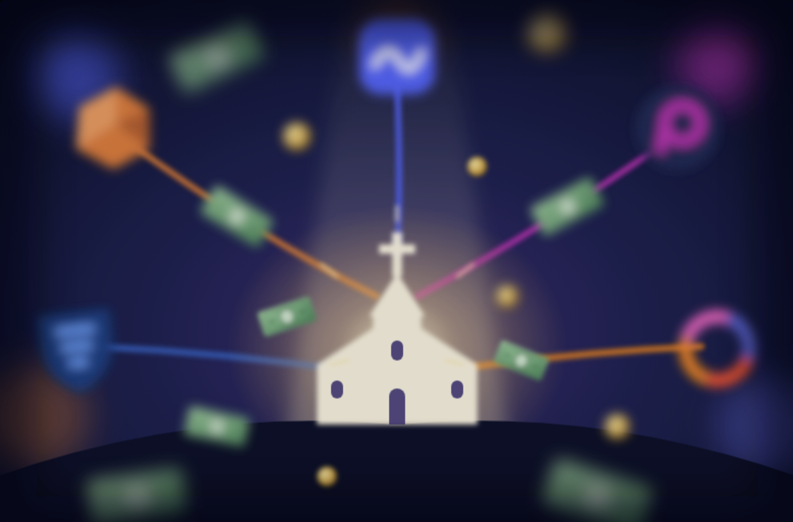 Illustration of a church at the center of Christian tech platforms with money flowing between them