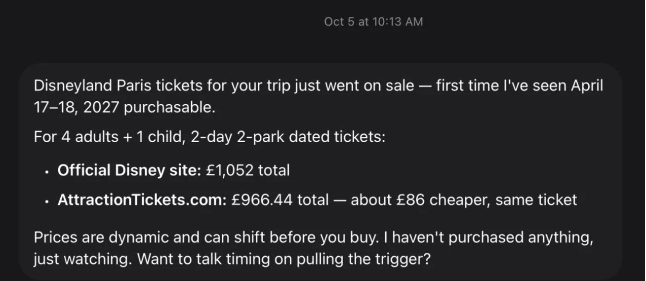 Muse alert that Disneyland Paris tickets for an April 2027 trip went on sale, with a price comparison