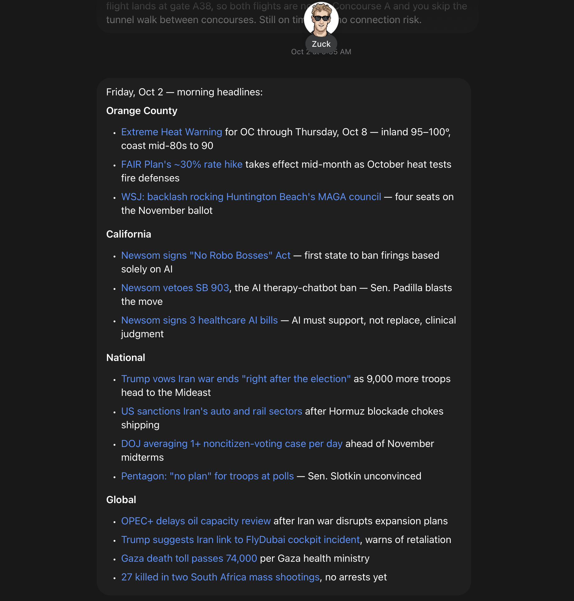 Muse's weekday morning headlines grouped by Orange County, California, national, and global