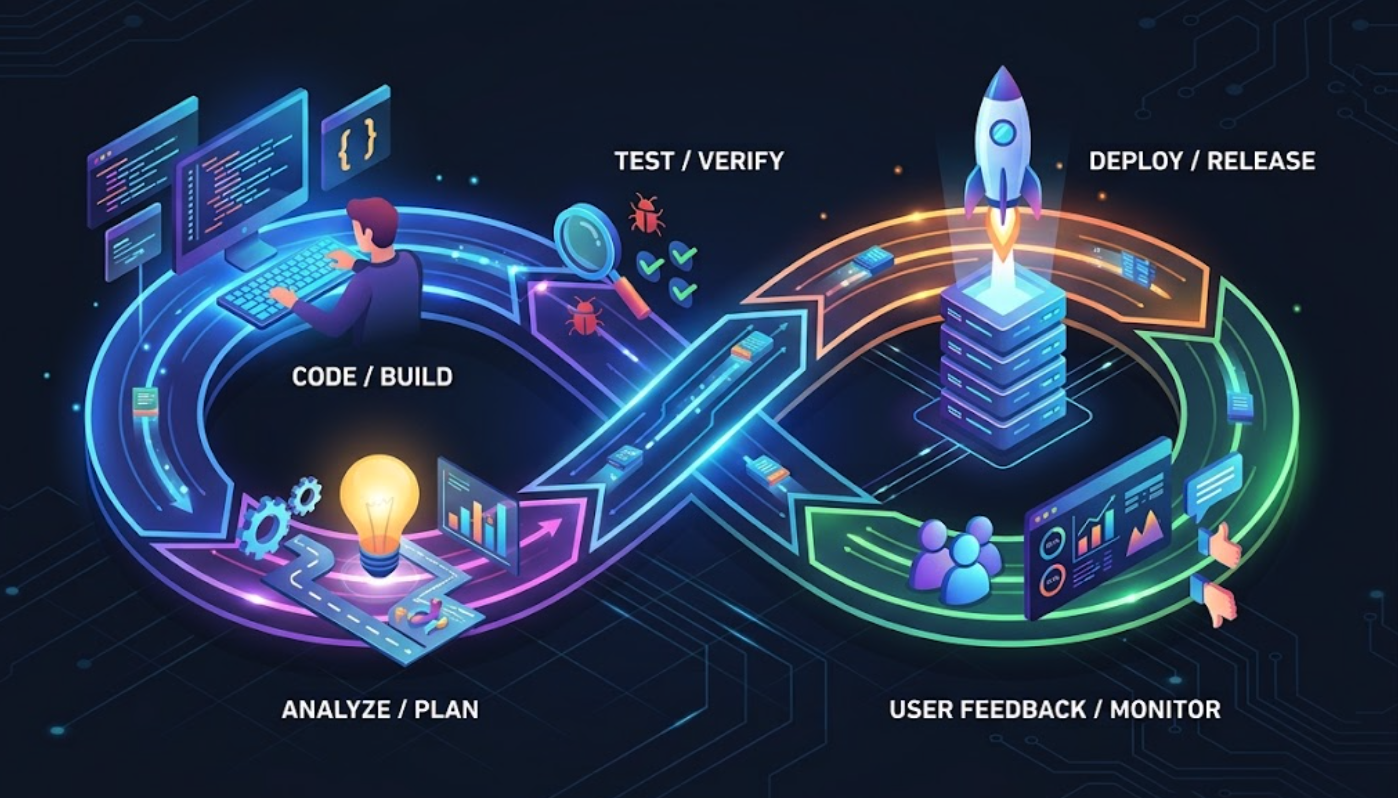 The Infinite Feedback Loop of Building Software to test/verify, deploy/release, code/build, analyze/plan, and user feedback/monitor